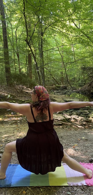 Rachel outdoor and forest with rainbow mat black dress yoga pose