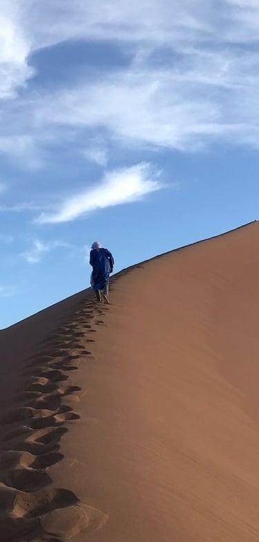 A solitary figure climbs the dune at Erg Zahar
