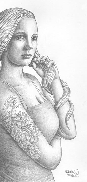 A pencil drawing of a young woman with a tattoo holding her long hair.