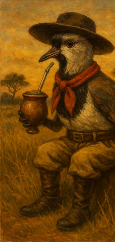 Uma imagem criada por inteligência artificial de um quero-quero tomando chimarrão