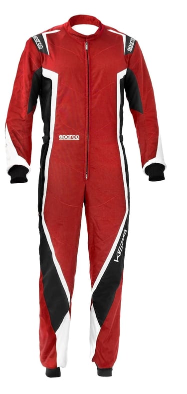 Red Sparco racing suit with black and white accents for professional motorsport safety and performance.