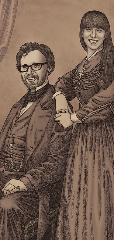 A modern couple in 1900's style clothing with a curtain in the back.