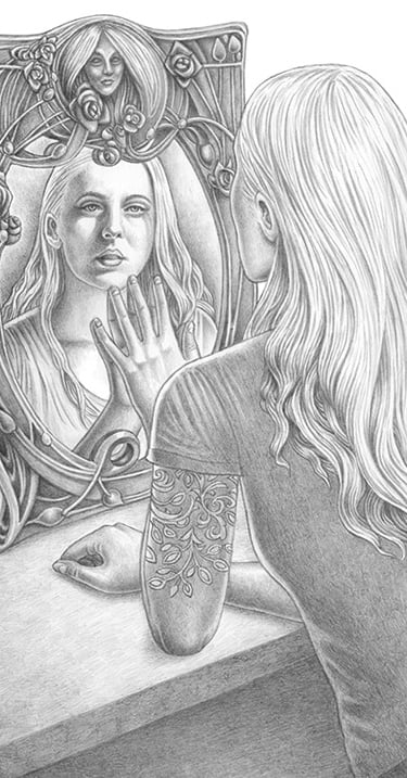 A pencil drawing of a young woman looking at herself in a fancy mirror.