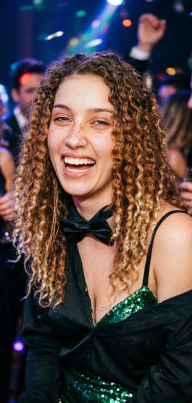 Smiling woman with curly hair wearing a bow tie at a festive New Year's Eve party with friends.