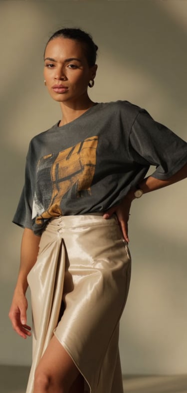 Woman wearing a charcoal graphic t-shirt and a champagne satin midi skirt with a side slit.