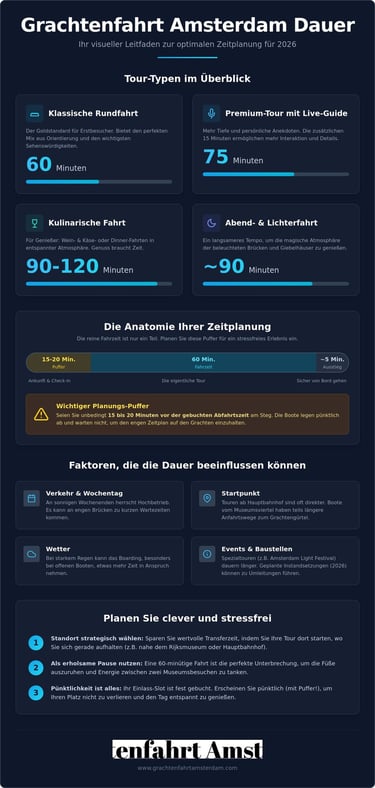 Infographic about Amsterdam canal boat tour durations featuring cruise types, timing tips, and planning advice.