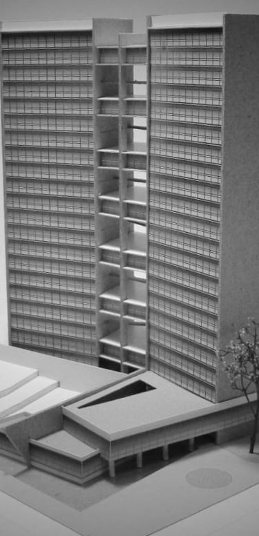 maquete estudo edificio multifuncional, com destaque para, embasamento com praça publica arqmaisart