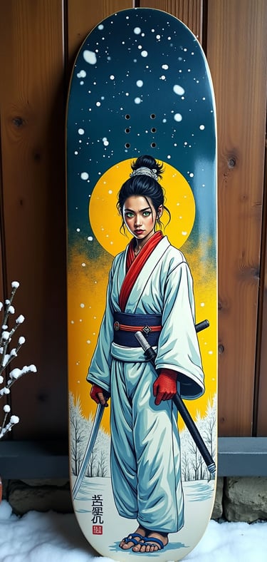 Custom skateboard deck featuring a female samurai warrior in a snowy landscape with a yellow moon.