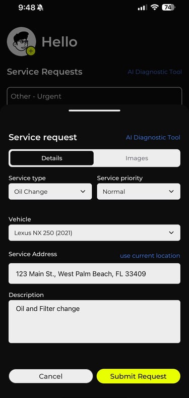 The Pitstopr app request services page
