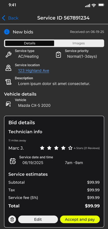 The Pitstopr App service bid page
