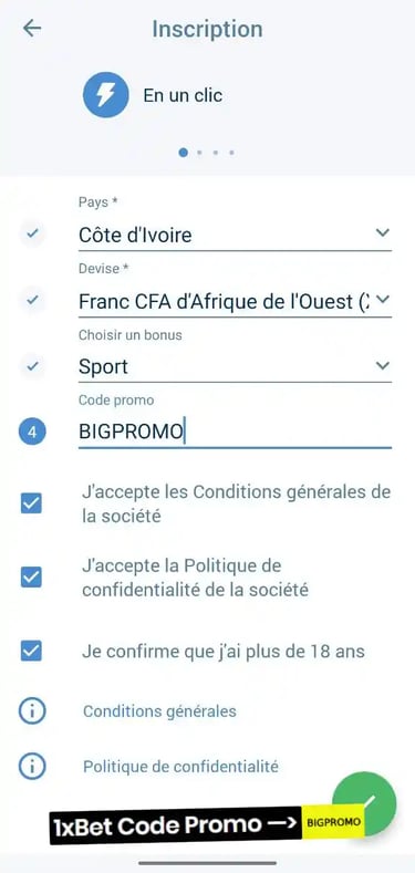 Inscription 1xbet,en un clic