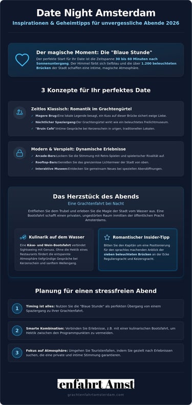 Infographic for Amsterdam date night ideas 2026 featuring romantic canal cruises and illuminated bridges.