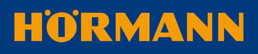 a blue and yellow logo with the words hormann