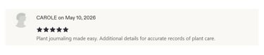 Five star Etsy review from Carole saying the Quiet at Home Plant Care Tracker Bundle made plant jour