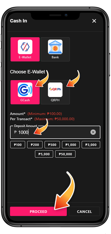 You may choose GCash or QRPH. Enter amount and press Proceed.