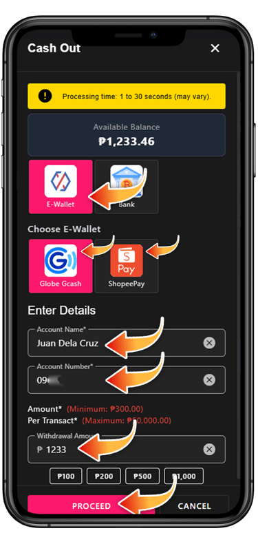 You can choose GCash or ShopeePay. Enter your Account Name, Account Number, and the Amount.