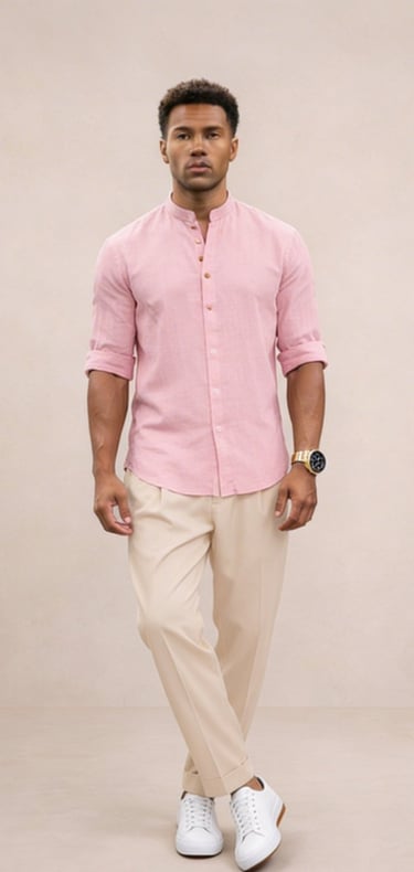 Camisa de lino hombre cuello Mao rosa pastel corte holgado casual