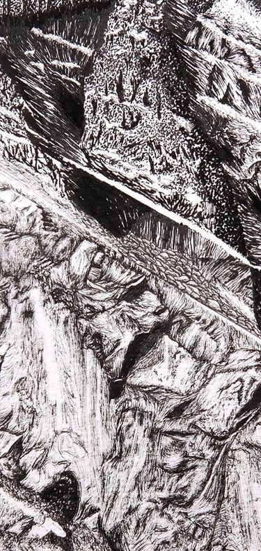 Cross-section of a mountain revealing textures of landforms