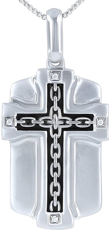 Sterling Silver Men's Cross Dog Tag Diamond Pendant Necklace with Silver Chain