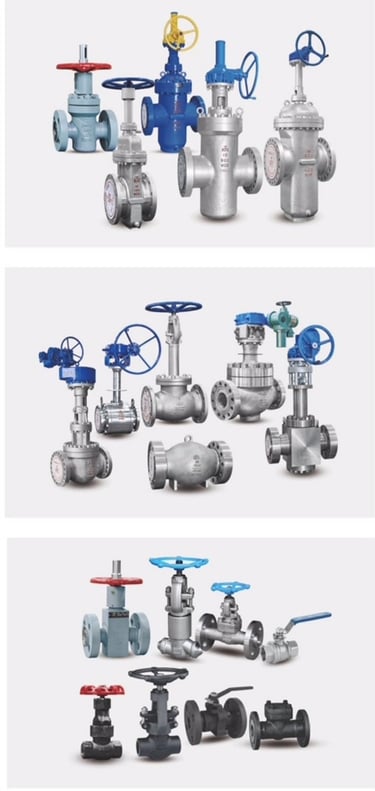 A variety of industrial gate, globe, and ball valves for pipeline flow control.