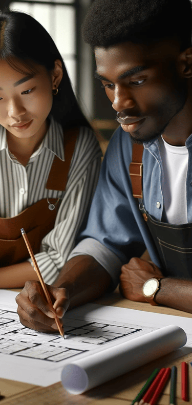 Deux collaborateurs réalisant un plan topographique sur table de bureau