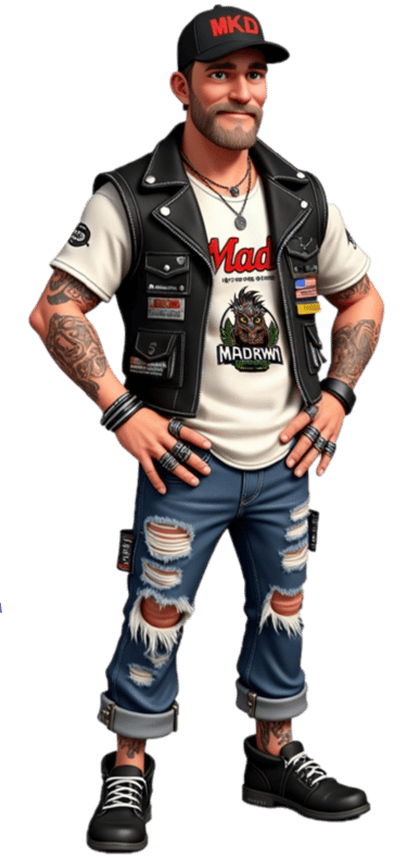 Graphic Designer Lance Scott MadKiwi in leather jacket and jeans with a white shirt and black pants