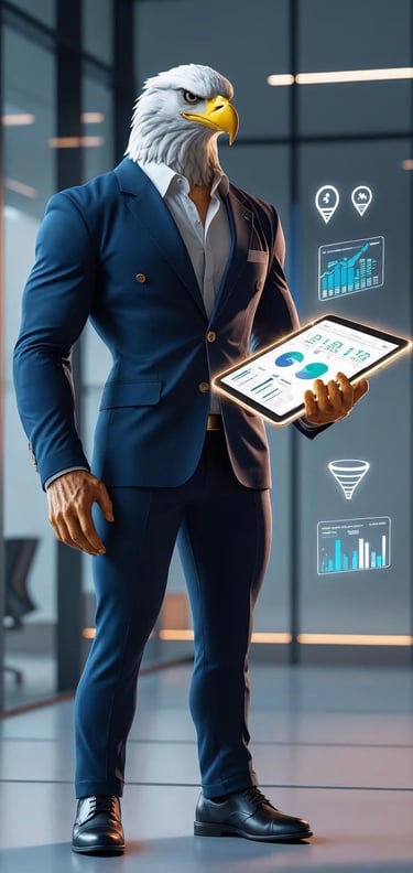 a humanoid American eagle specializing in digital marketing for local businesses with a tablet