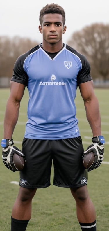 a man in a blue jersey shirt and gloves holding a football ball