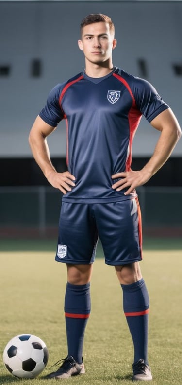 a man in a soccer uniform standing in front of a soccer ball