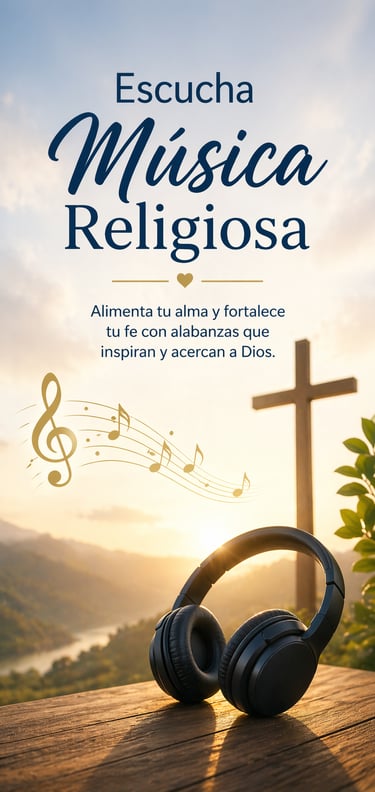 Black headphones on a wooden table with a cross and sunset background promoting religious music and worship.