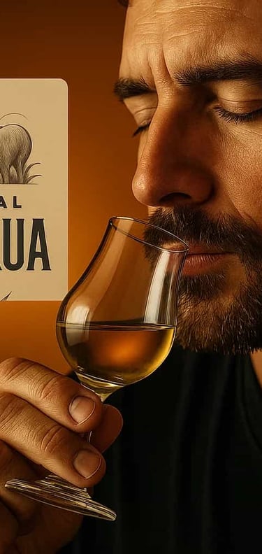  Persona con los ojos cerrados saboreando un mezcal con expresión de concentración y deleit