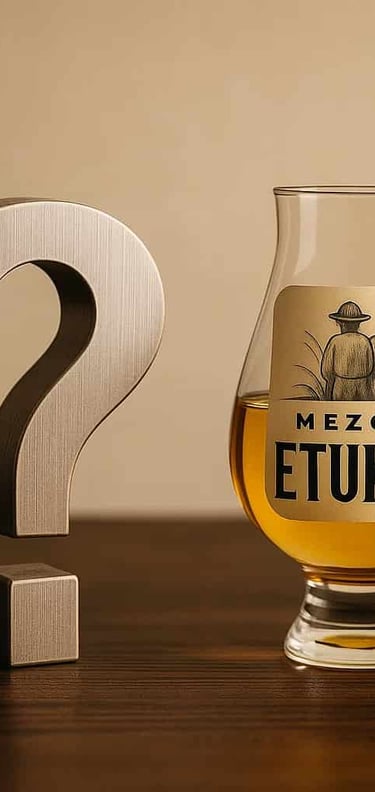  Icono de un signo de pregunta estilizado junto a una copa de mezcal Etukua sobre una mesa de madera