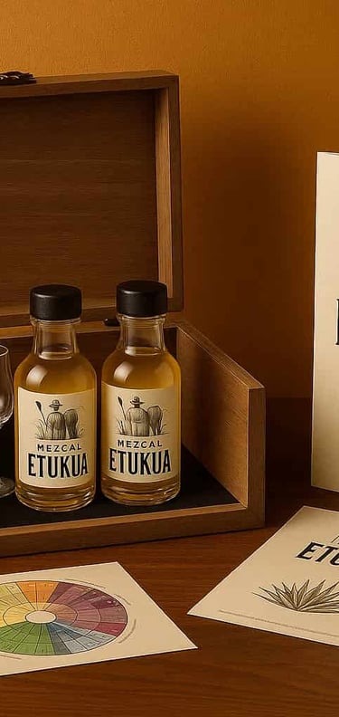 Icono de una copa de mezcal con un signo de pregunta integrado, sobre un fondo de pizarra con notas 