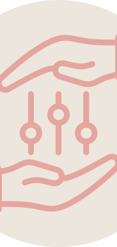 A pink line art icon showing two hands framing adjustment sliders, representing control and settings.
