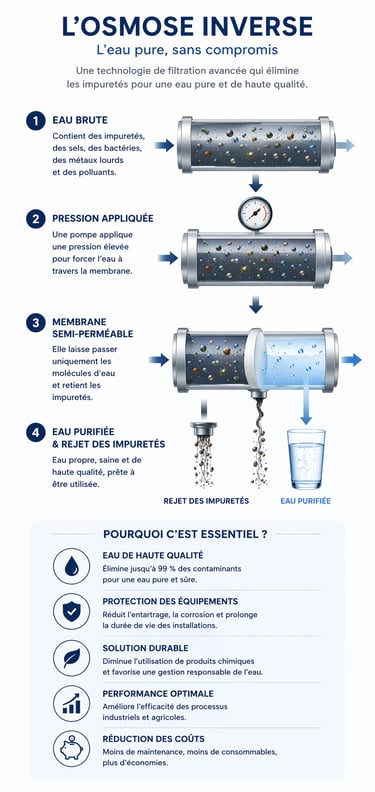 Schéma de fonctionnement osmose inverse - membrane semi-perméable filtration eau purifiée Maroc