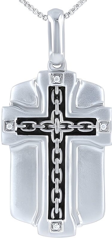 Sterling Silver Men's Cross Dog Tag Diamond Pendant Necklace with Silver Chain