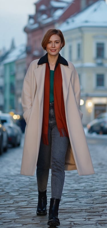 a woman in a coat and scarf standing on a brick wall