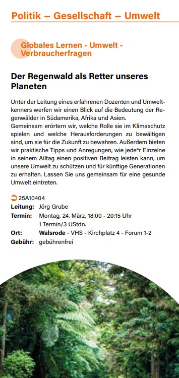 VHS Kurs Beschreibung - Der Regenwald als Retter unseres Planeten
