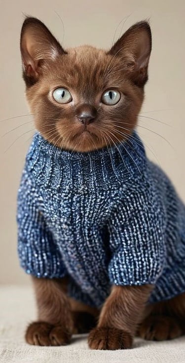 Un gatito birmano marrón con un acogedor suéter de punto azul sentado sobre un fondo neutro.