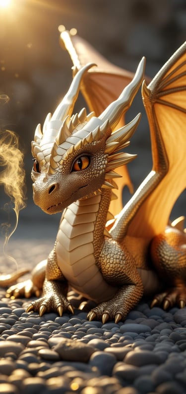 Golden baby dragon exhaling warm smoke in sunlight