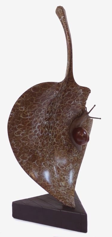 Bronze On Oak Sculpture Of Snail On Hosta Leaf By Mark Richard Hall
