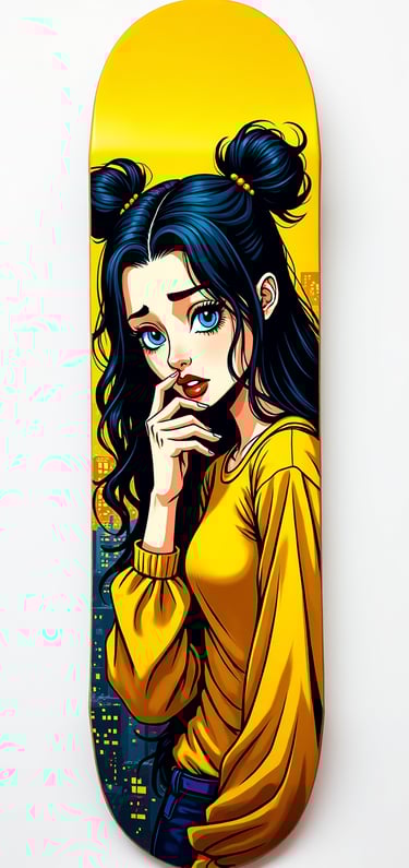 Custom skateboard deck featuring pop art illustration of an anime girl with blue hair on yellow background.