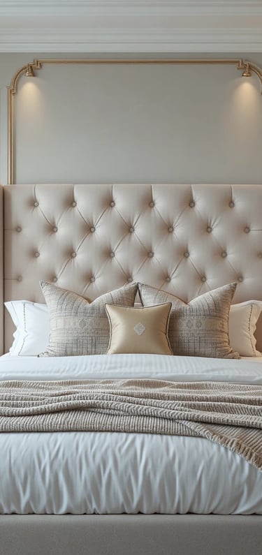 A stylish small bedroom featuring an elegant upholstered tufted headboard in a soft neutral tone