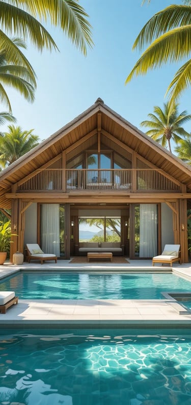 A serene tropical pool house nestled among swaying palm trees