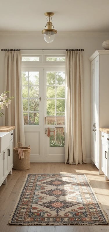A warm and inviting farmhouse kitchen styled with cozy textiles, including a vintage patterned runne
