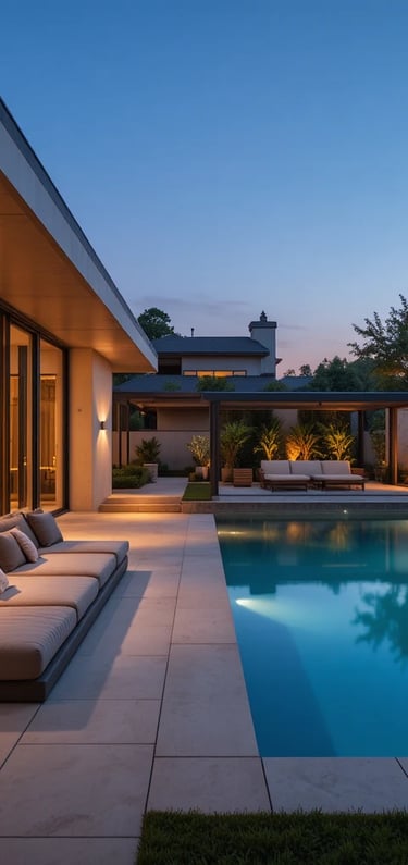 A luxurious modern pool house with a sunken seating lounge featuring a built-in sofa with plush
