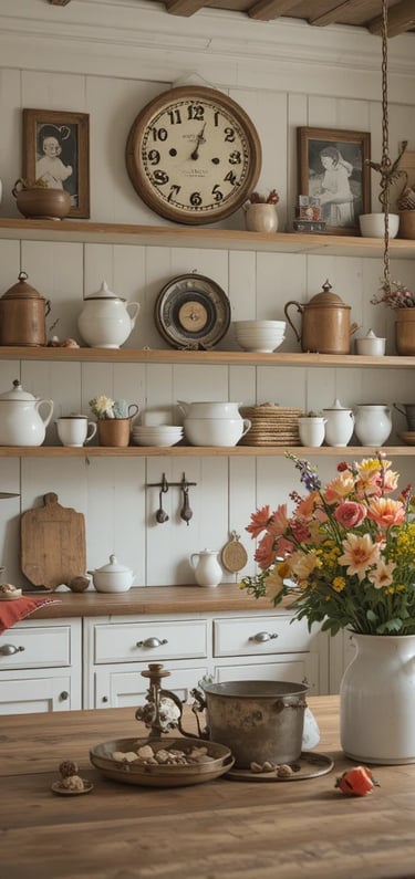 A beautifully styled farmhouse kitchen featuring antique decor such as a distressed wooden clock