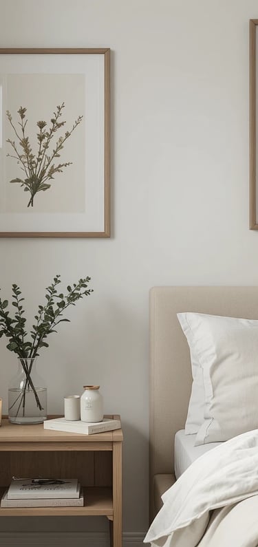 A thoughtfully decorated small bedroom featuring framed wall art