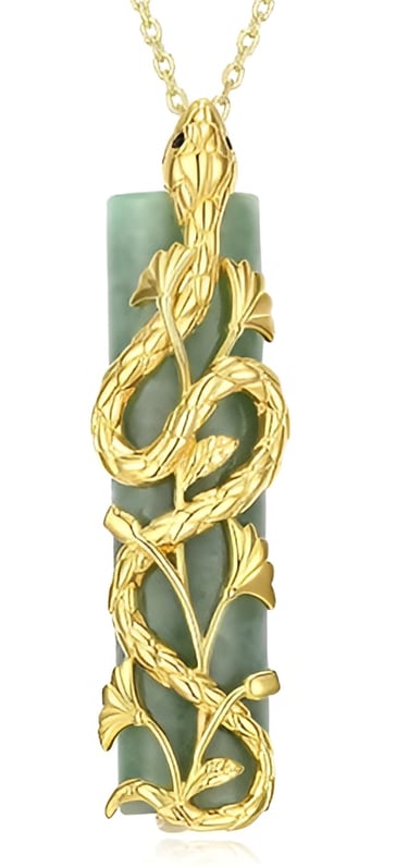 Jade Cylinder Bead at the Center.  Sterling Silver. Transformative Snake Pendant, Cabochon-cut Black Sapphire Gemstone Eyes