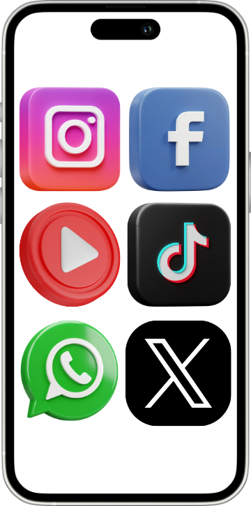 Tela de celular exibindo ícones de redes sociais como Instagram, Facebook, YouTube, TikTok, WhatsApp